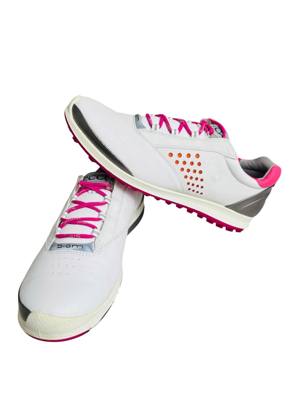 ECCO BIOM Women’s Spikeless Golf Shoes White Pink Gray Leather Size 9.5
